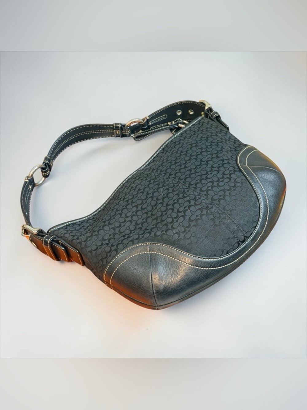 Vintage Coach Signature Monogram Hobo Bag – Black Jacquard & Leather Trim (2005)